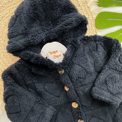 Casaco Avulso de Pelinho Corações com Capuz e Botões - Preto